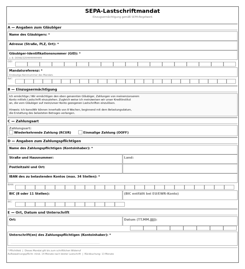SEPA-Lastschriftmandat Muster: Formular mit allen Pflichtfeldern — Gläubiger, IBAN, Mandatsreferenz, Unterschrift